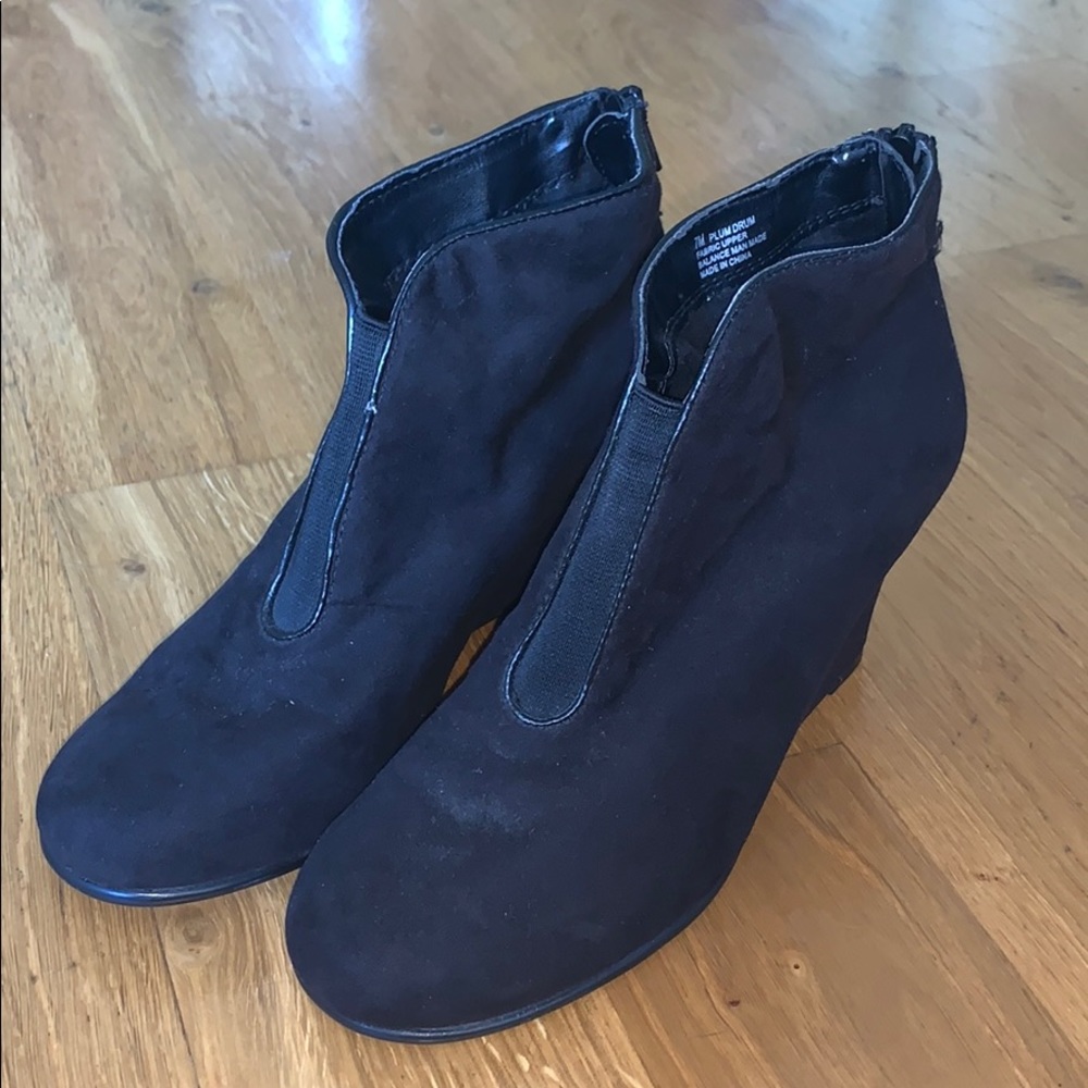 Black suede 2 inch wedge bootie